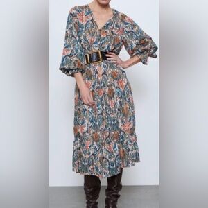 Zara Multicolor Long Sleeve Dress with Belt